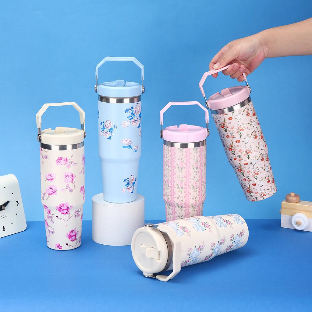 Flower-Shaped Outdoor Portable Insulated Cup, Double-Layer Vacuum Car Cup, Large Capacity with Straw, Portable Ice Cream Cup