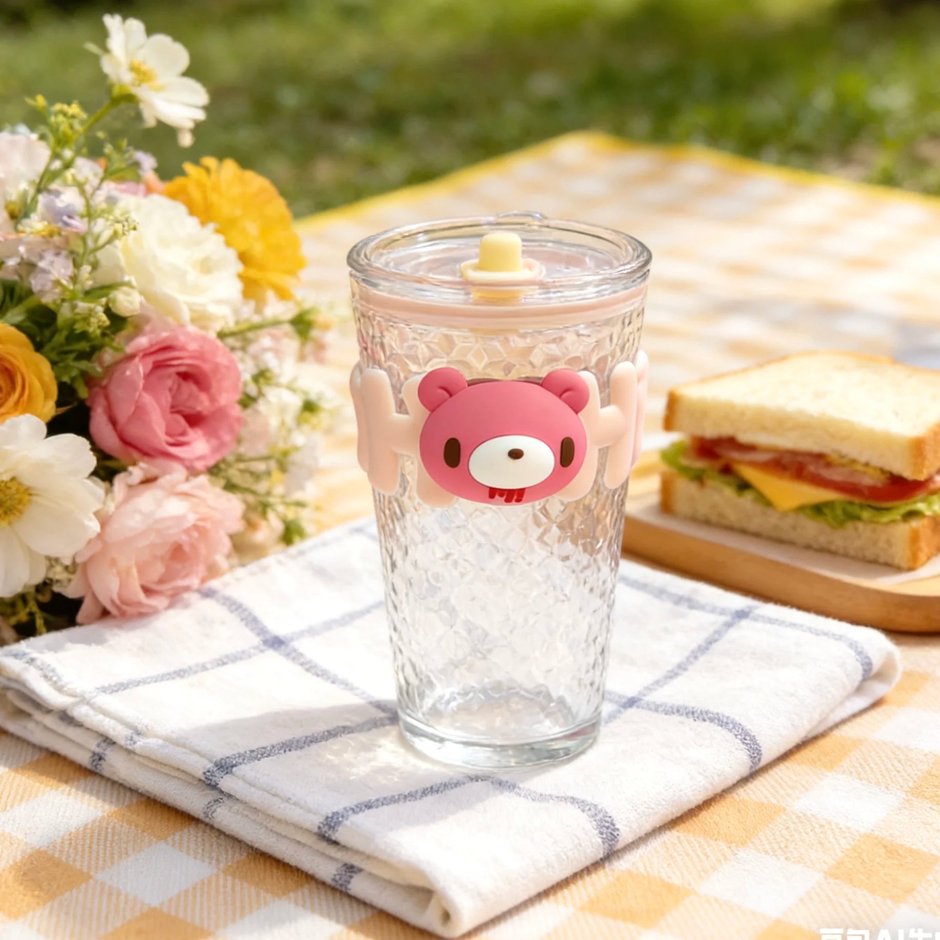 Cute Bear Hammered Glass Cup with Lid & Straw, Portable Leakproof Tumbler for Coffee Juice Milk Tea