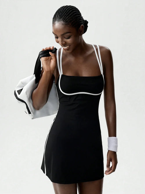 Black Striped Backless Active Dress For Women Tennis Yoga