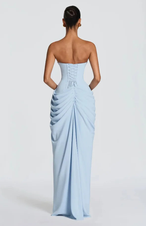 Women Sexy Solid Pleated Strapless Dress Lady Chic Off-shoulder Backless High Waist Split Dresses 2026 New Evening Party Gown