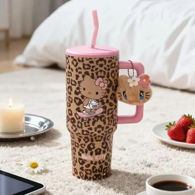 Hello Kitty Leopard Cup Print Straw Thermos Travel Sports Water Bottle Stainless Steel Cold Insulation Cup Girls Birthday Gift