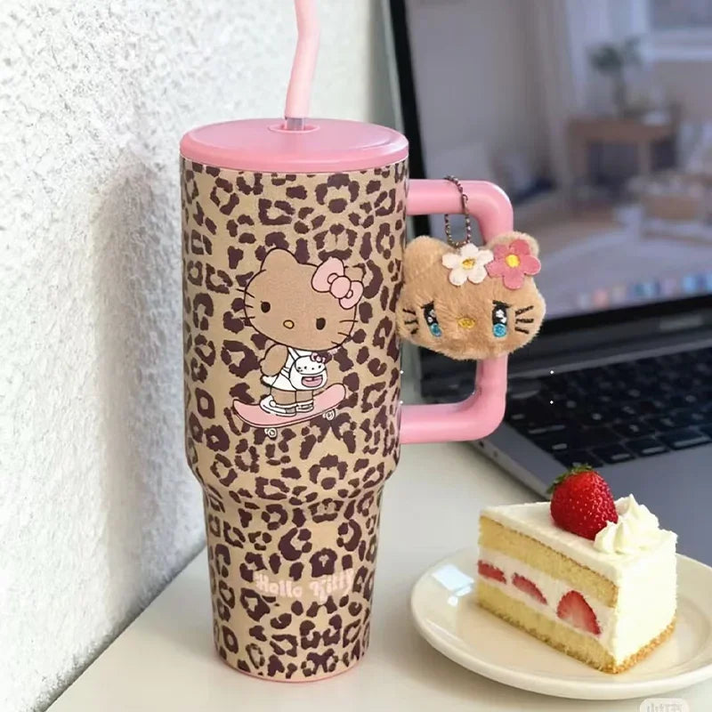 Hello Kitty Leopard Cup Print Straw Thermos Travel Sports Water Bottle Stainless Steel Cold Insulation Cup Girls Birthday Gift