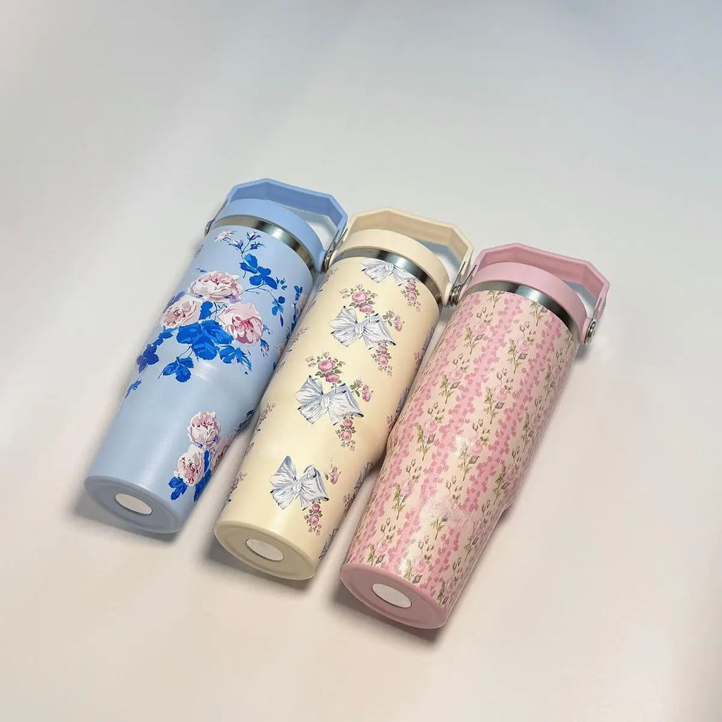 Flower-Shaped Outdoor Portable Insulated Cup, Double-Layer Vacuum Car Cup, Large Capacity with Straw, Portable Ice Cream Cup