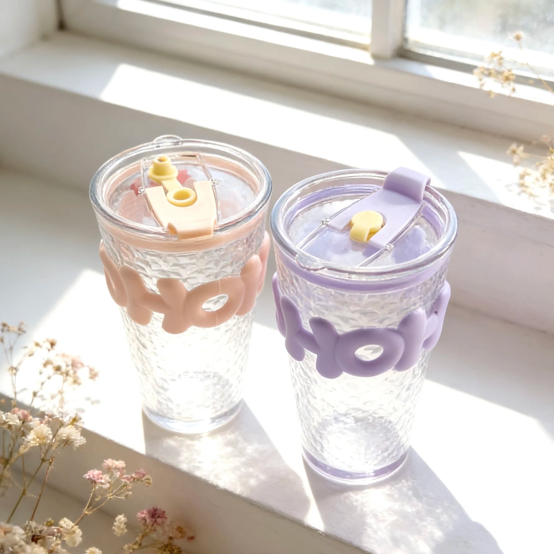 Cute Bear Hammered Glass Cup with Lid & Straw, Portable Leakproof Tumbler for Coffee Juice Milk Tea