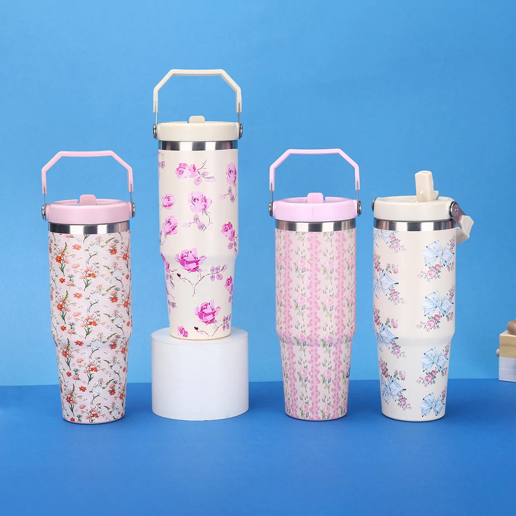 Flower-Shaped Outdoor Portable Insulated Cup, Double-Layer Vacuum Car Cup, Large Capacity with Straw, Portable Ice Cream Cup
